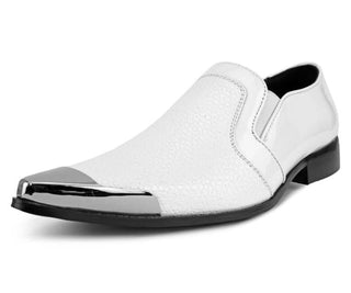 Amali Men's Reptile Patterned Exotic Patent Embossed Slip on Dress Shoe with Gun Metal Tip, Style Davis White