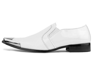 Amali Men's Reptile Patterned Exotic Patent Embossed Slip on Dress Shoe with Gun Metal Tip, Style Davis White