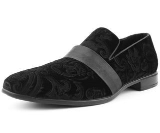 Amali King - Men's Slippers - Mens Loafers - Designer Shoes For Men - Tuxedo Shoes - Velvet Loafers Men - Embossed Paisley Pattern, Satin Band and Trim