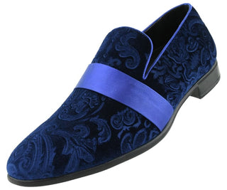 Amali King - Men's Slippers - Mens Loafers - Designer Shoes For Men - Tuxedo Shoes - Velvet Loafers Men - Embossed Paisley Pattern, Satin Band and Trim