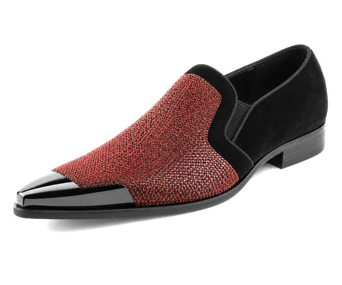 Bolano Mens Rhinestone Embellished Faux Suede Trim with Metal Tip - Black/Red