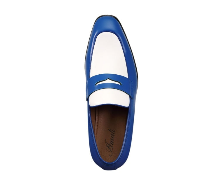 genuine calf leather men dress shoes blue and white Men's Blue and White Two-Tone Leather Penny Loafers Dundas US 7 / Blue and White / D