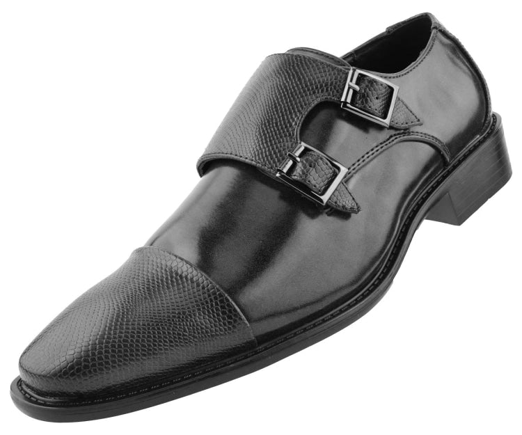 Bolano Mens Smooth Leather Double Monk Strap Dress Shoe Embossed Strap - Black - 15