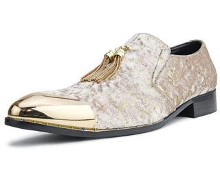 Amali Men's Faux Velvet Loafer with Luminous Flecks, Gold Chain Tassel & Matching Metal Tip Dress Shoe, Style Chaz 