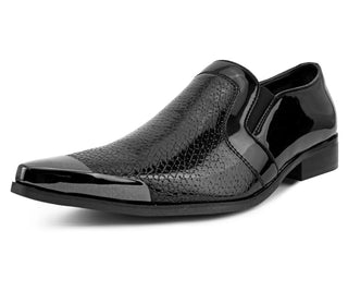 Amali Men's Reptile Patterned Exotic Patent Embossed Slip on Dress Shoe with Gun Metal Tip, Style Davis Black